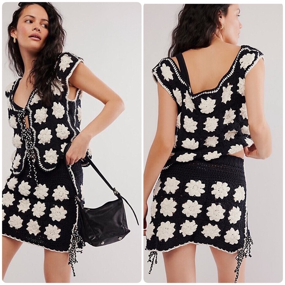 New!Tach Cassia Nazarene Black & White Granny Square Crochet Vest & Skirt Set🖤XS
